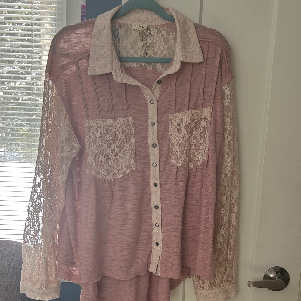 Never Worn Pink Button Down Front Shorter Than Ba… - image 1